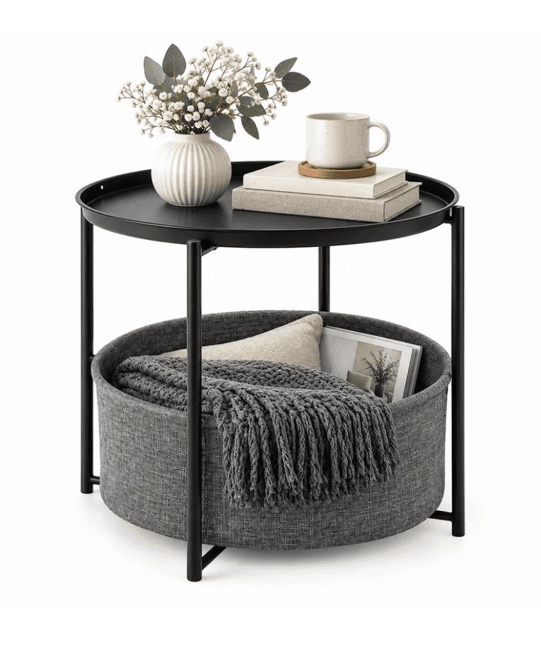 A modern round side table featuring a black metal frame and a black tray-style tabletop. Below the t… — 3D model