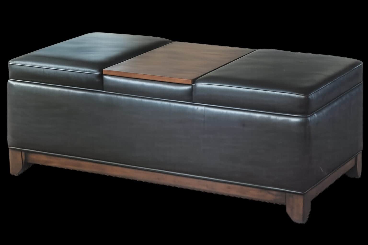 A rectangular storage ottoman upholstered in black leather, featuring a central section with a dark… — 3D model
