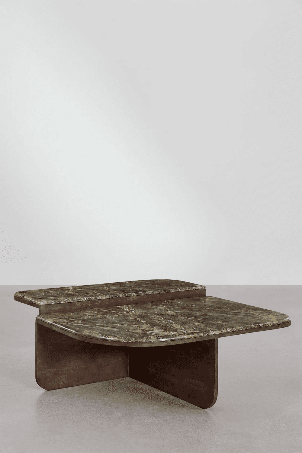 A two-tiered coffee table featuring rounded rectangular tops made of green marble with distinct redd… — 3D model