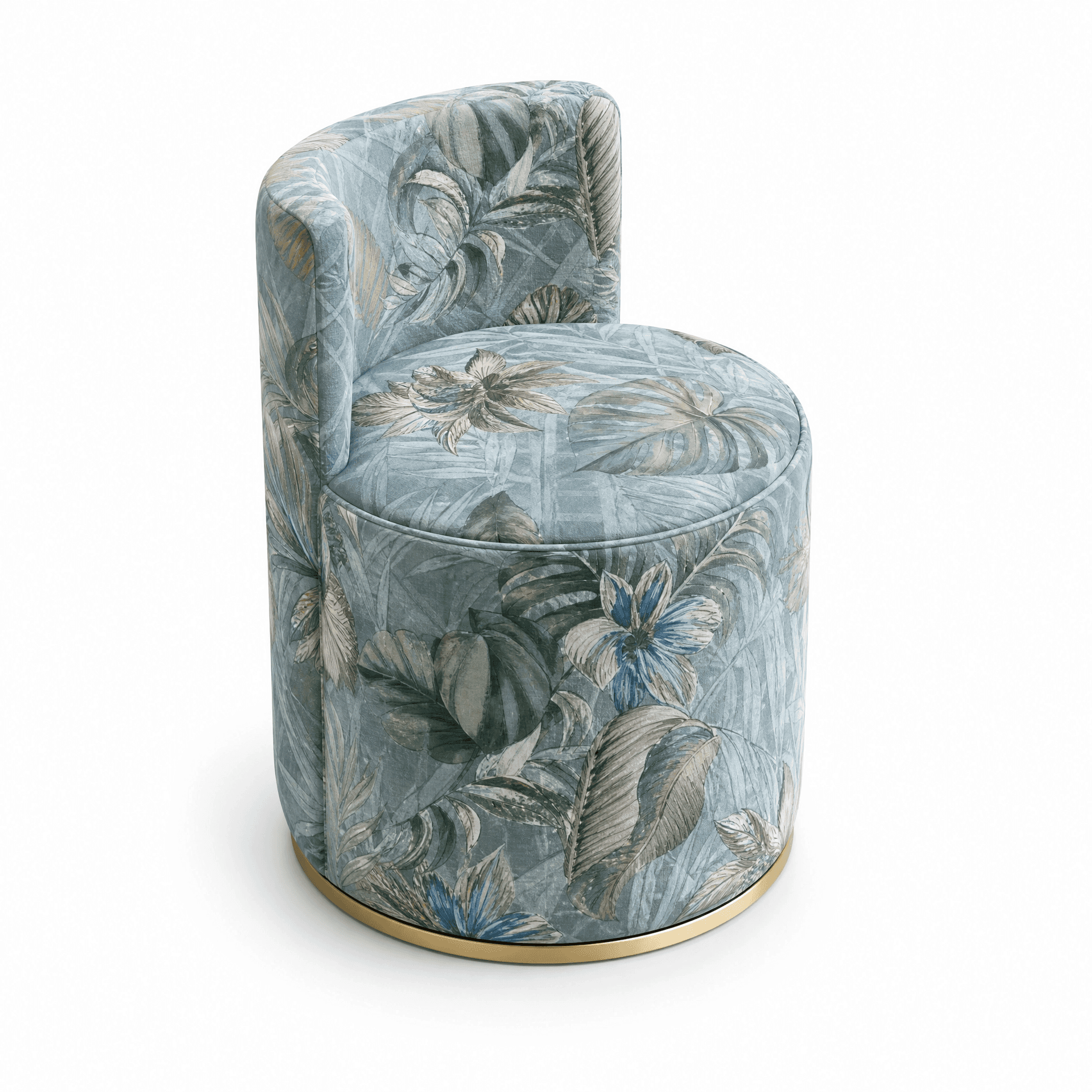 A compact, fully upholstered accent chair featuring a tropical leaf and floral pattern in muted blue… — free FBX 3D model
