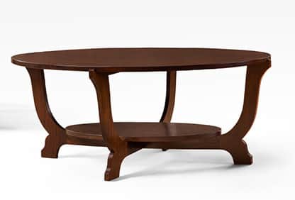 An oval-shaped coffee table crafted from dark-stained wood, featuring a main tabletop and a smaller,… — 3D model
