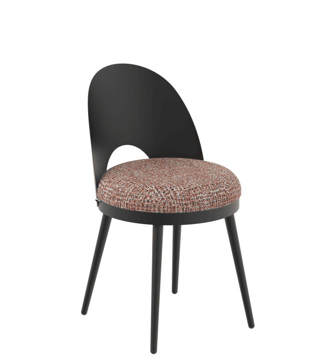 A modern side chair with a distinctive curved black backrest featuring a circular cutout. The seat i… — 3D model