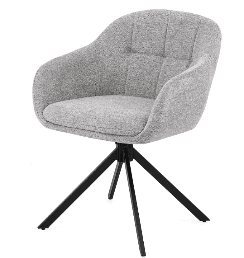 A modern upholstered armchair featuring a grey fabric finish and a black metal splayed swivel base. — 3D model