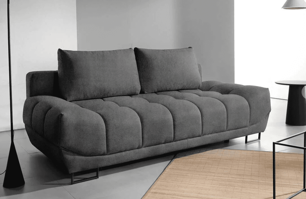A contemporary gray fabric sofa featuring a distinctive tufted design on its seat and backrest, crea… — free SKP 3D model