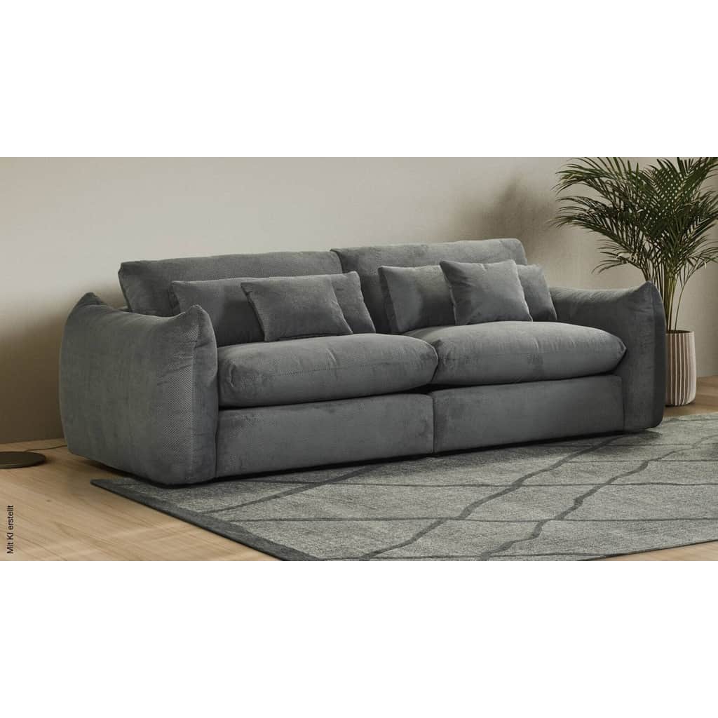 A modern three-seater sofa upholstered in textured grey fabric, featuring deep seat cushions, plush… — 3D model