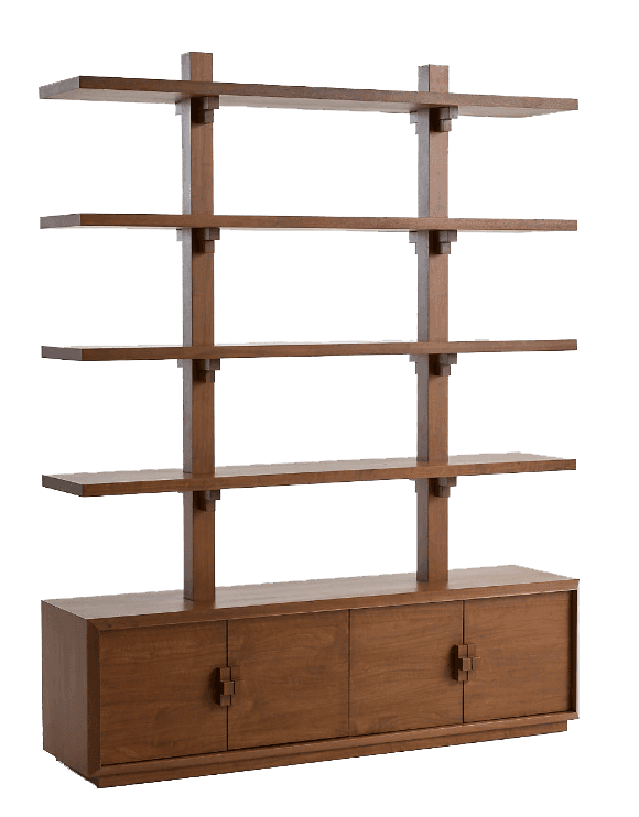 A freestanding wooden storage unit featuring an open bookshelf structure on top and a closed four-do… — 3D model