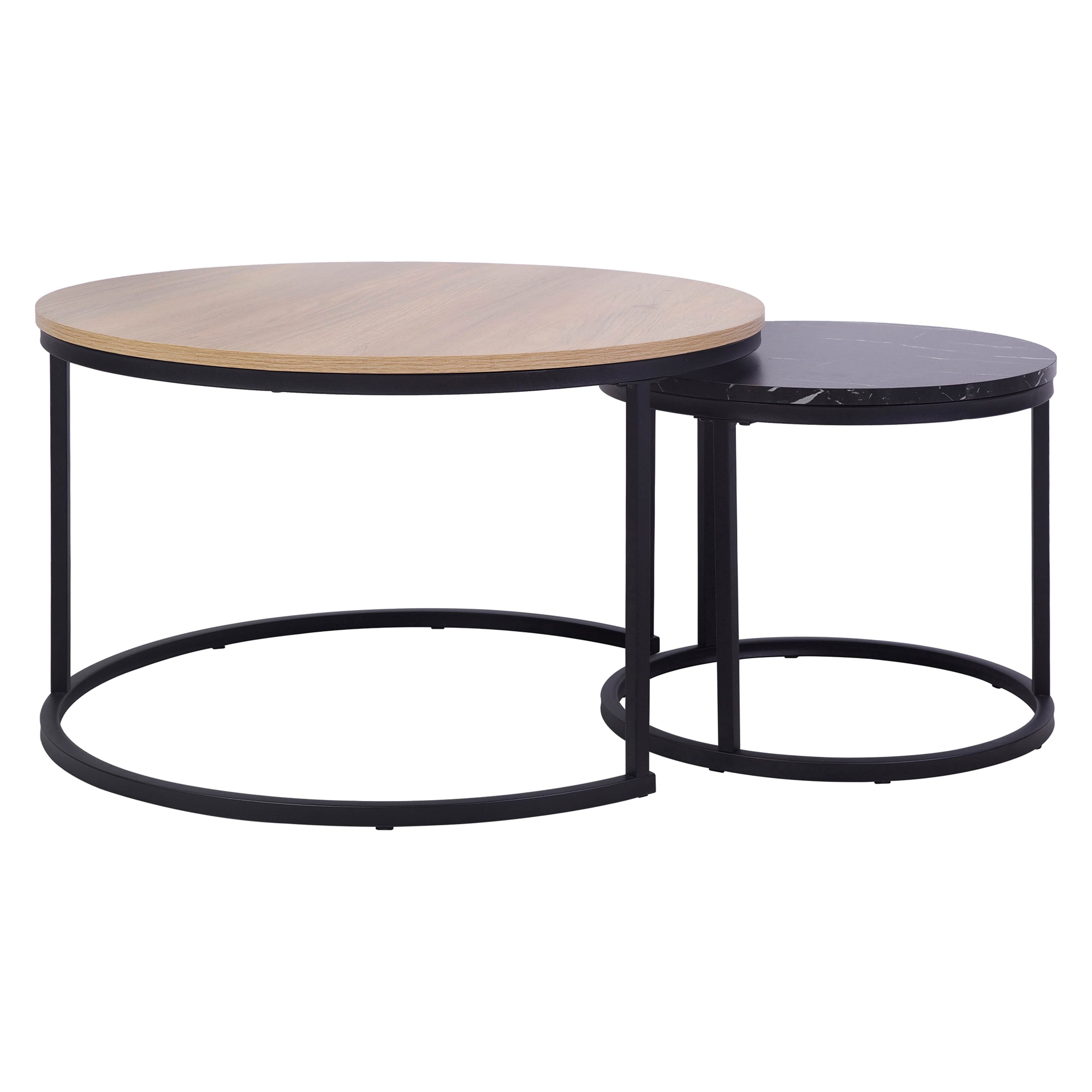 A set of two modern nesting tables, comprising a larger round table with a light wood-look top and a… — 3D model