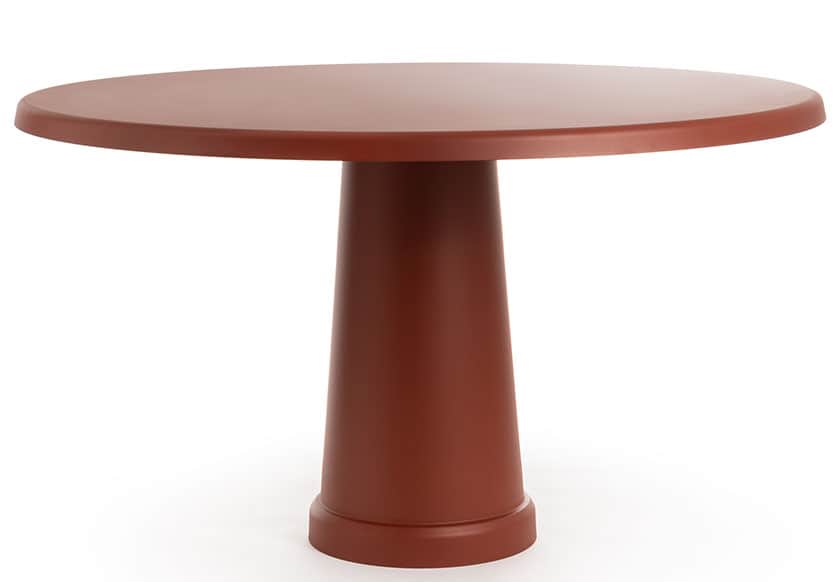 A contemporary round dining table with a single, tapered pedestal base, presented in a uniform matte… — free FBX 3D model