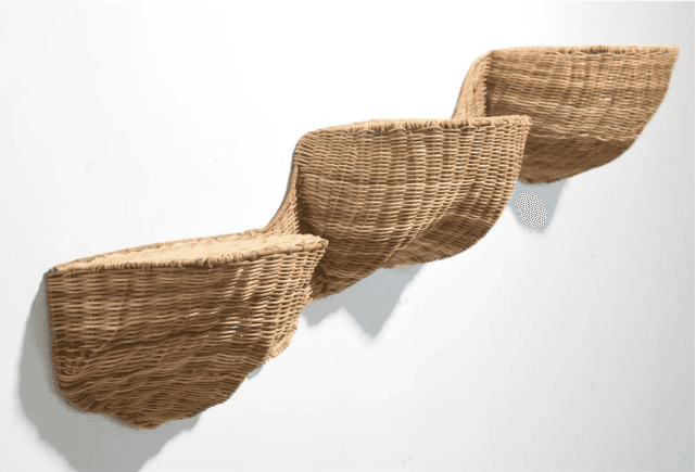 A trio of wall-mounted woven wicker seats arranged in a staggered, ascending pattern. Each seat is a… — free FBX 3D model