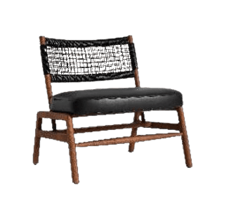 A modern lounge chair featuring a solid wood frame, a woven cord backrest, and a black upholstered s… — 3D model