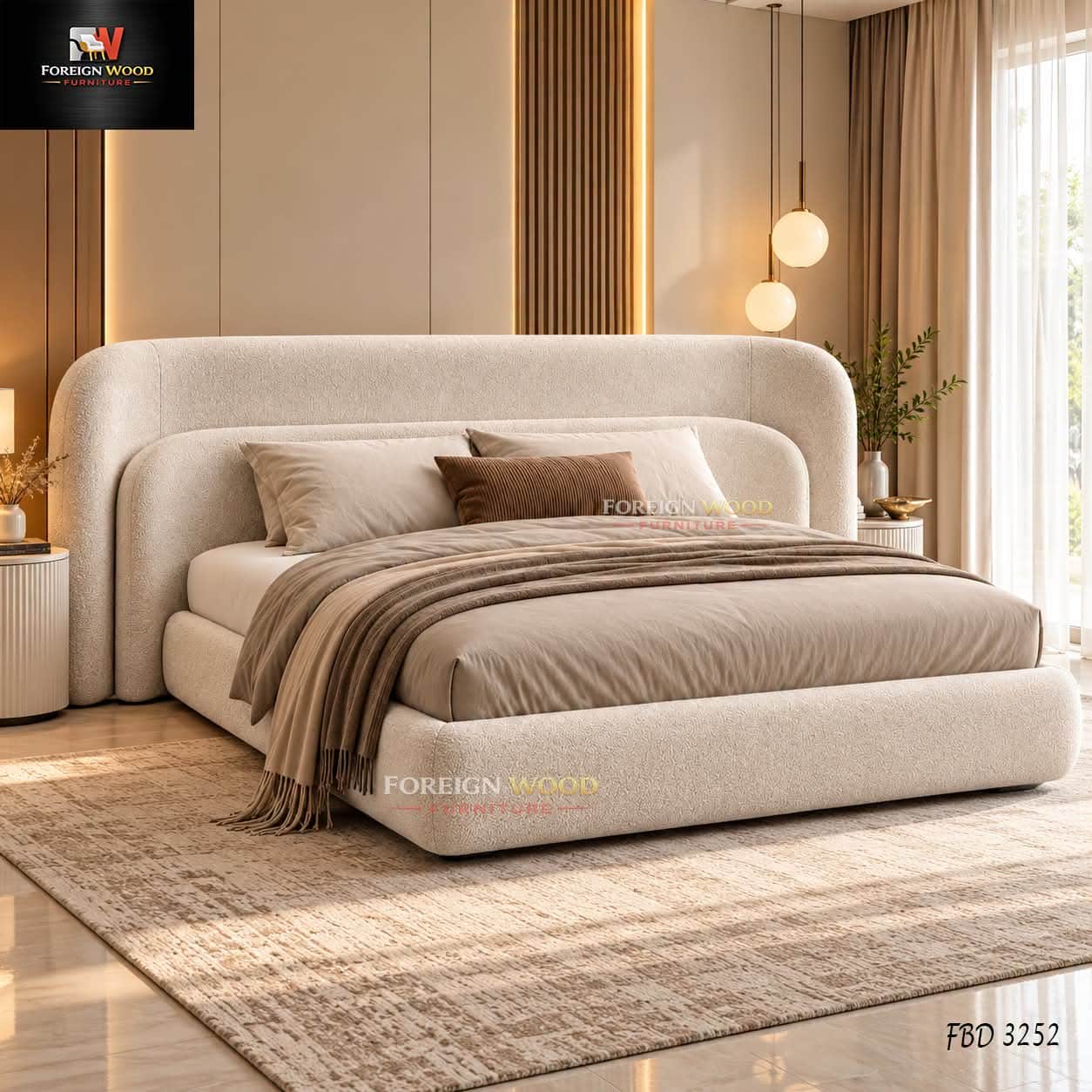 A modern upholstered platform bed featuring a distinctive softly curved headboard and a low-profile… — 3D model