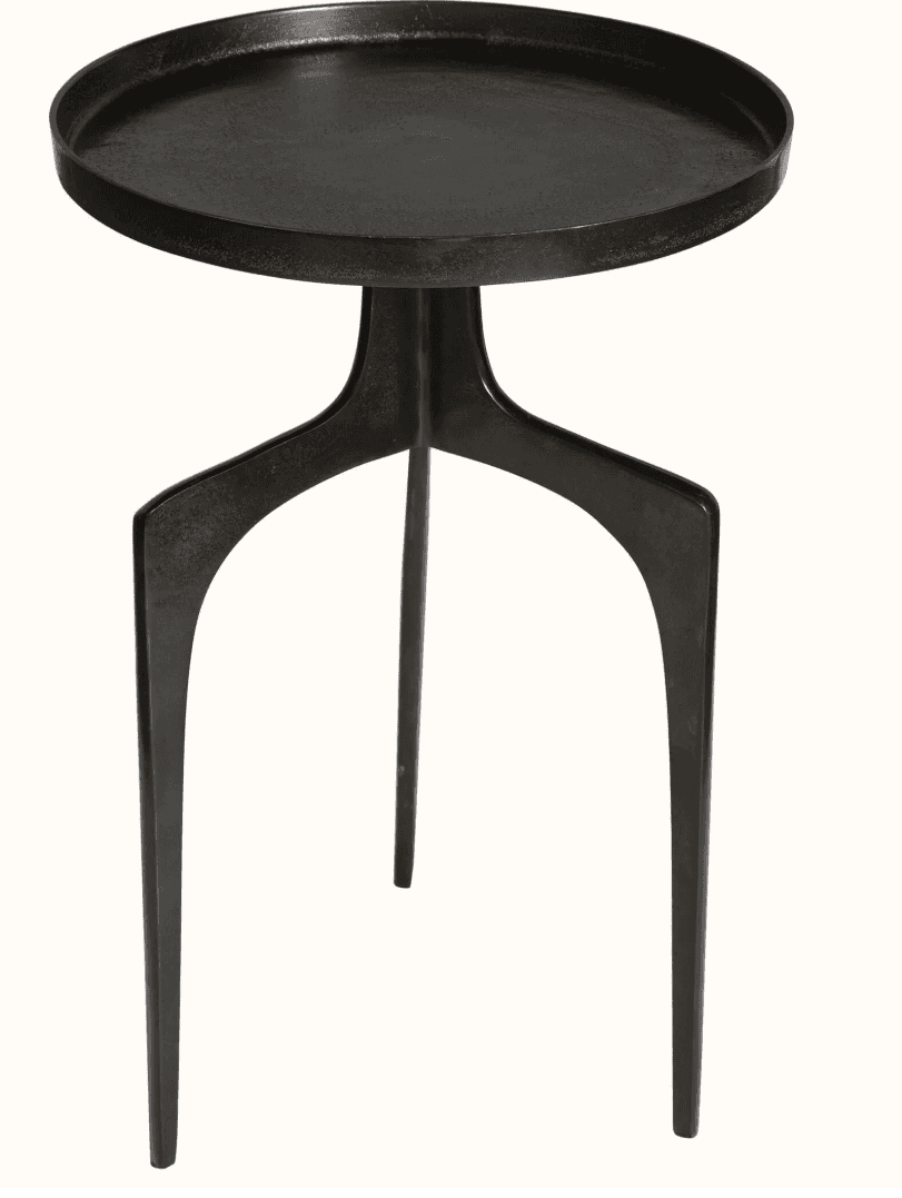 A dark, round-topped side table with a raised rim. It stands on three slender, splayed legs that mee… — 3D model