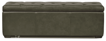 A rectangular storage ottoman with a tufted top, upholstered in a dark olive green material that app… — 3D model