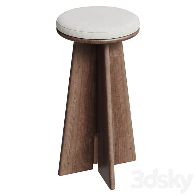 A modern counter stool featuring a round upholstered seat and a distinctive three-panel wooden base. — 3D model