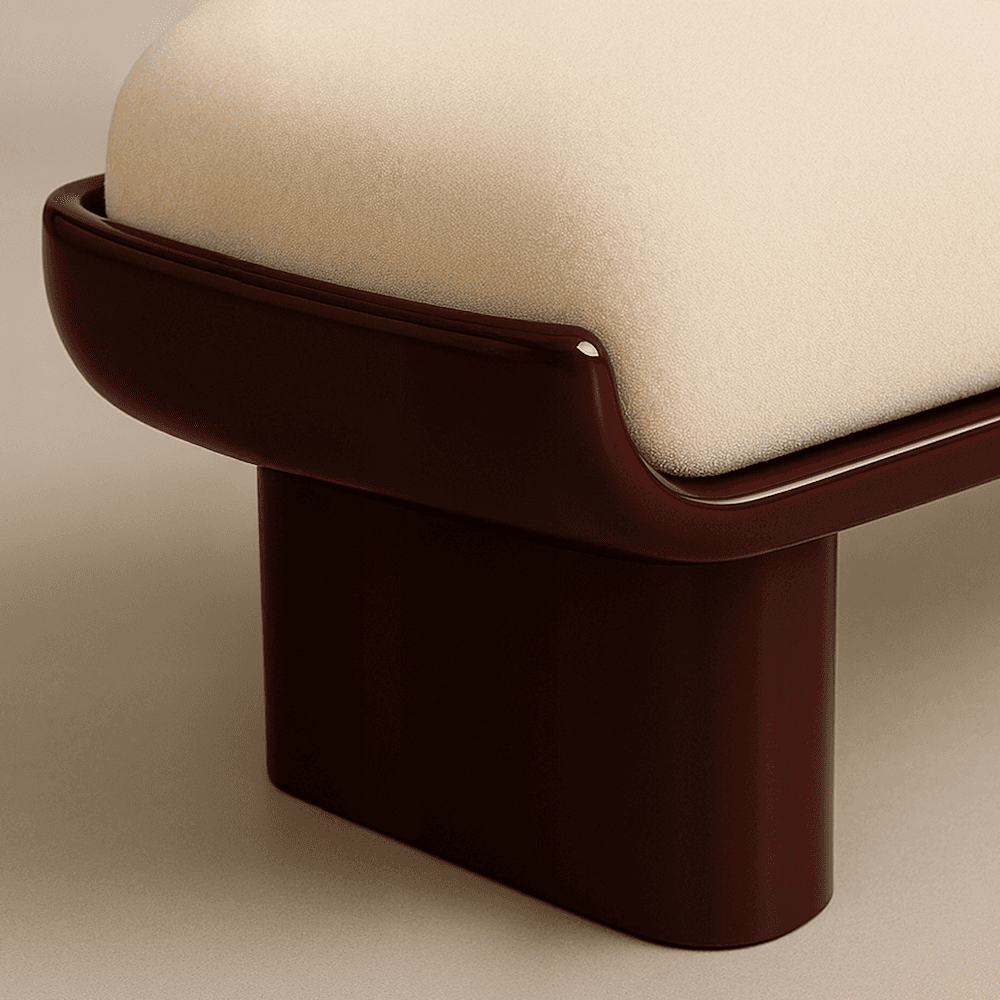 A close-up view of a modern upholstered ottoman, featuring a cream-colored cushion nestled within a… — 3D model