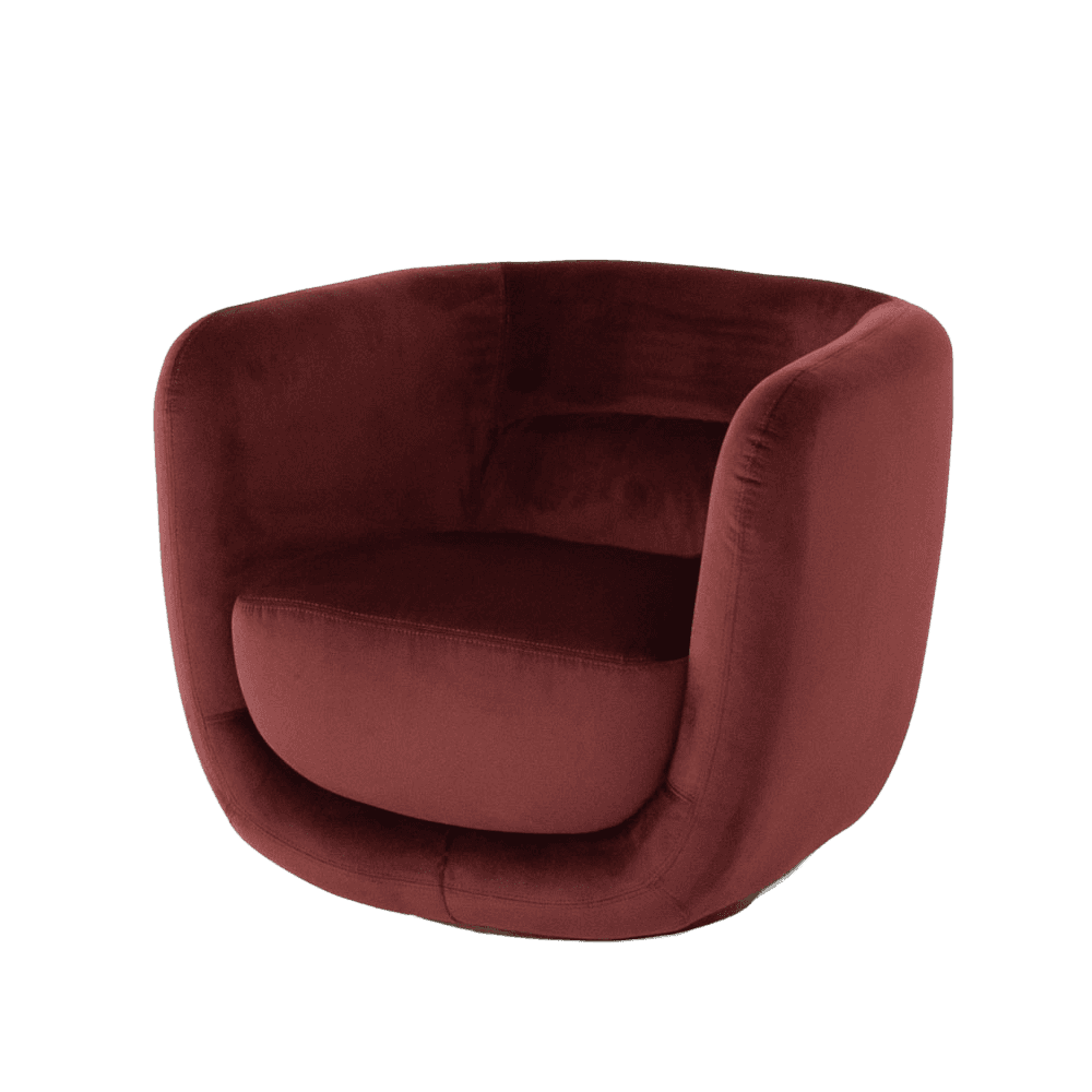 A plush armchair upholstered in a deep red velvet fabric. The armchair features a rounded, semi-encl… — 3D model
