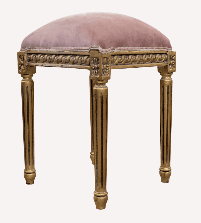 A small, round-seated, four-legged stool with a gilded wooden frame and dusty rose velvet upholstery… — 3D model