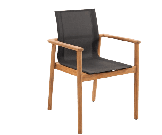 A modern armchair featuring a wooden frame with a dark, woven mesh seat and backrest. The armchair h… — free OBJ 3D model