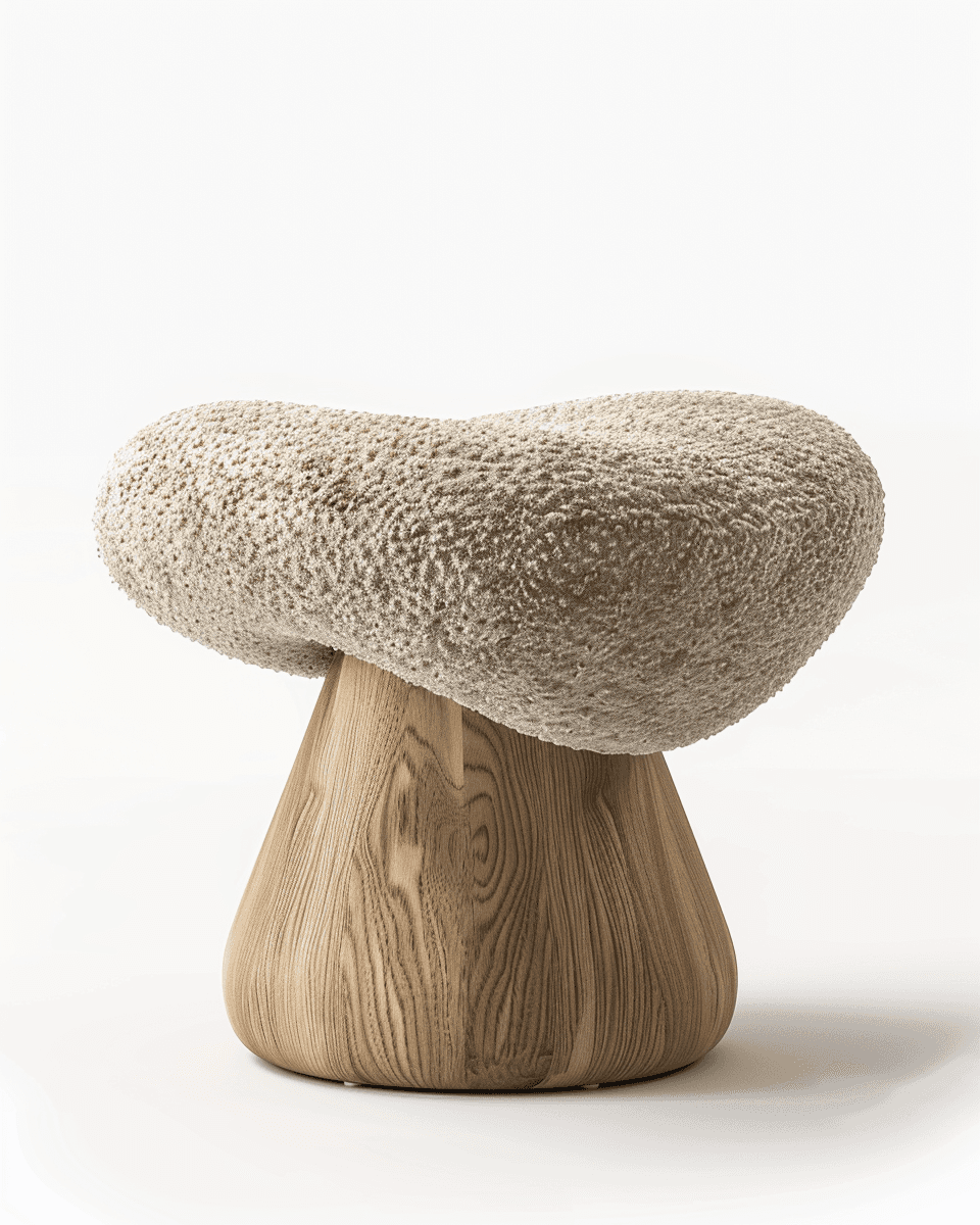 A sculptural furniture piece consisting of a light-colored, textured boucle upholstered top with an… — 3D model