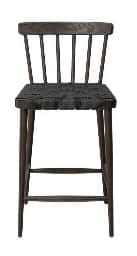 A modern dark-stained wooden bar stool featuring a spindle backrest and a square, tightly woven seat… — 3D model