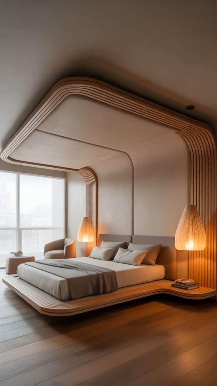 A contemporary platform bed integrated into a larger architectural structure, featuring a canopy, he… — 3D model