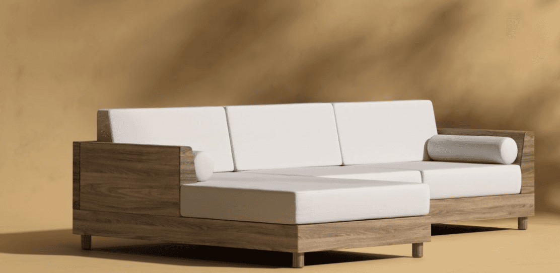 A sectional sofa with a chaise lounge extension. The sofa features a low-profile wooden frame with v… — 3D model