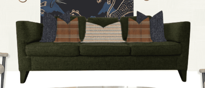 A contemporary three-seater sofa upholstered in a textured green fabric, featuring track arms and da… — 3D model