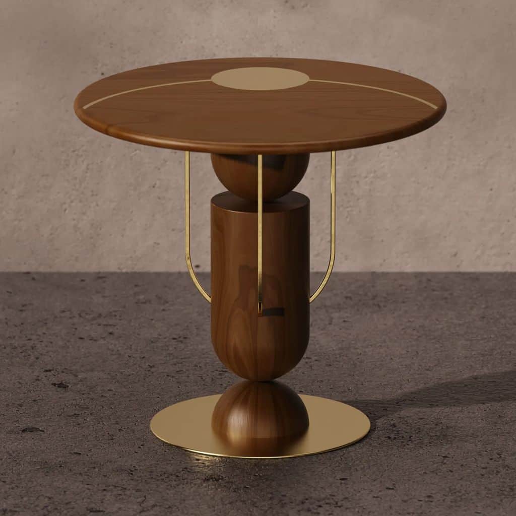 A modernist accent table featuring a circular dark wood top with a concentric brass inlay detail, su… — 3D model