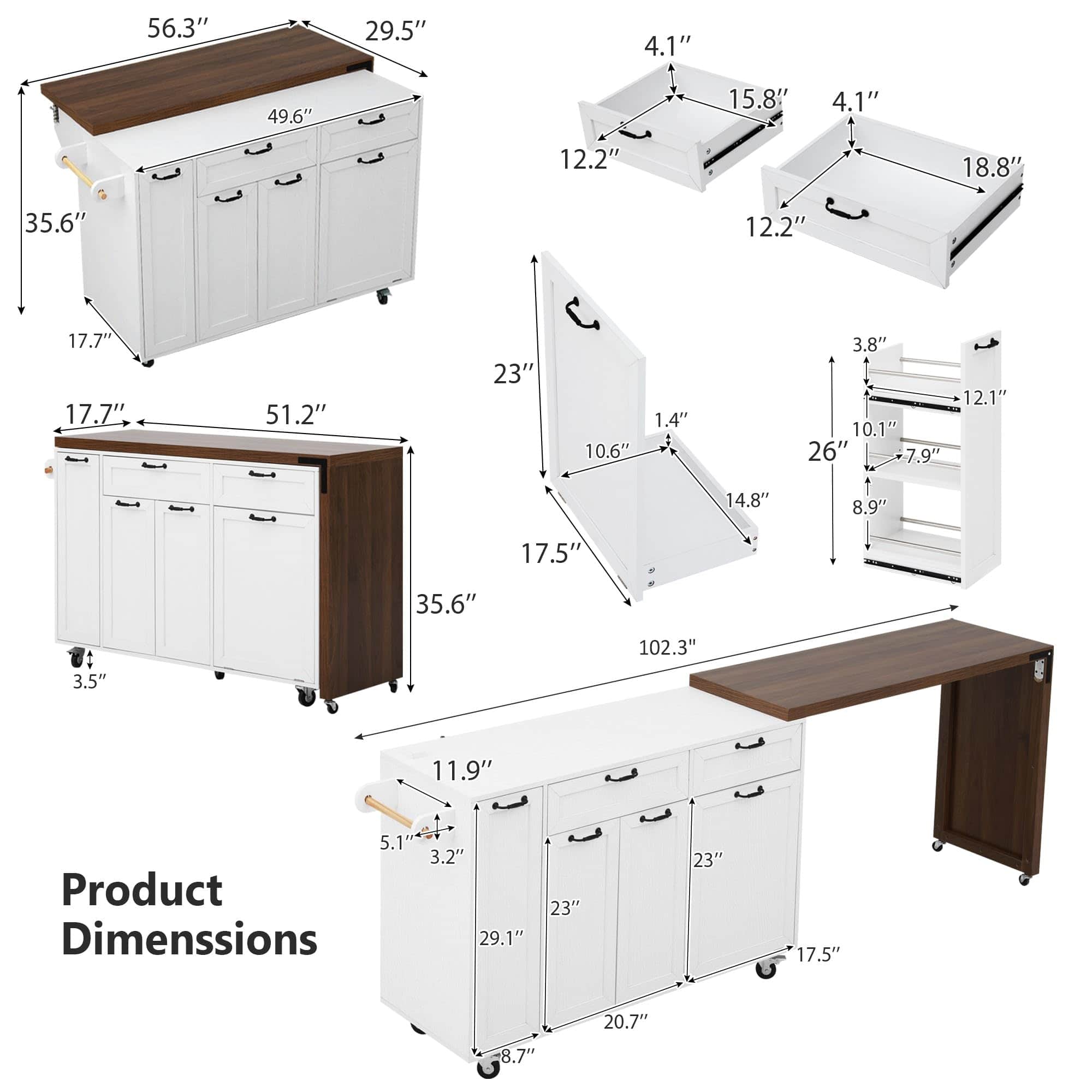 A mobile kitchen island featuring a white cabinet base and a dark wood-toned top. It includes multip… — 3D model