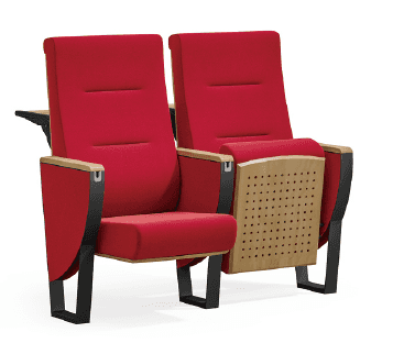 Two modern upholstered auditorium seats in a vibrant red fabric, connected in a row. Each seat featu… — free GLB 3D model