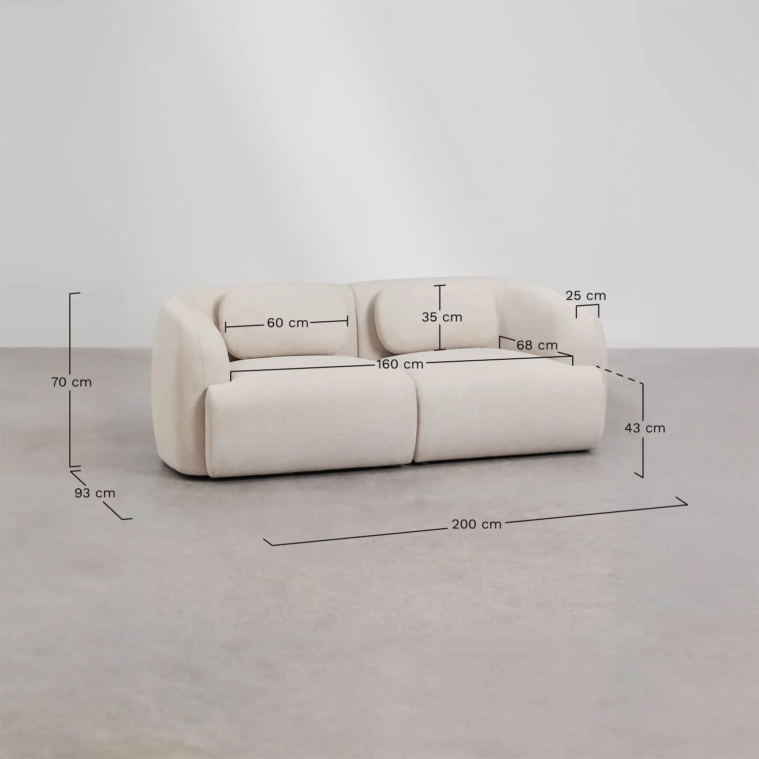 A contemporary two-seater sofa upholstered in a light-colored, textured bouclé fabric, featuring a s… — 3D model