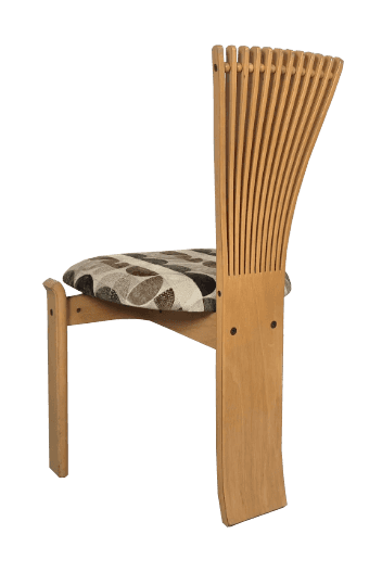 A light wood chair featuring a distinctive fan-shaped slatted backrest and an upholstered seat with… — 3D model