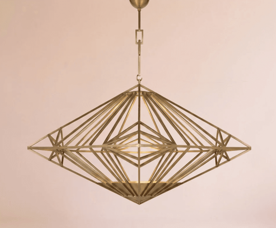 A striking chandelier featuring a complex, diamond-shaped external frame constructed from brass rods… — 3D model