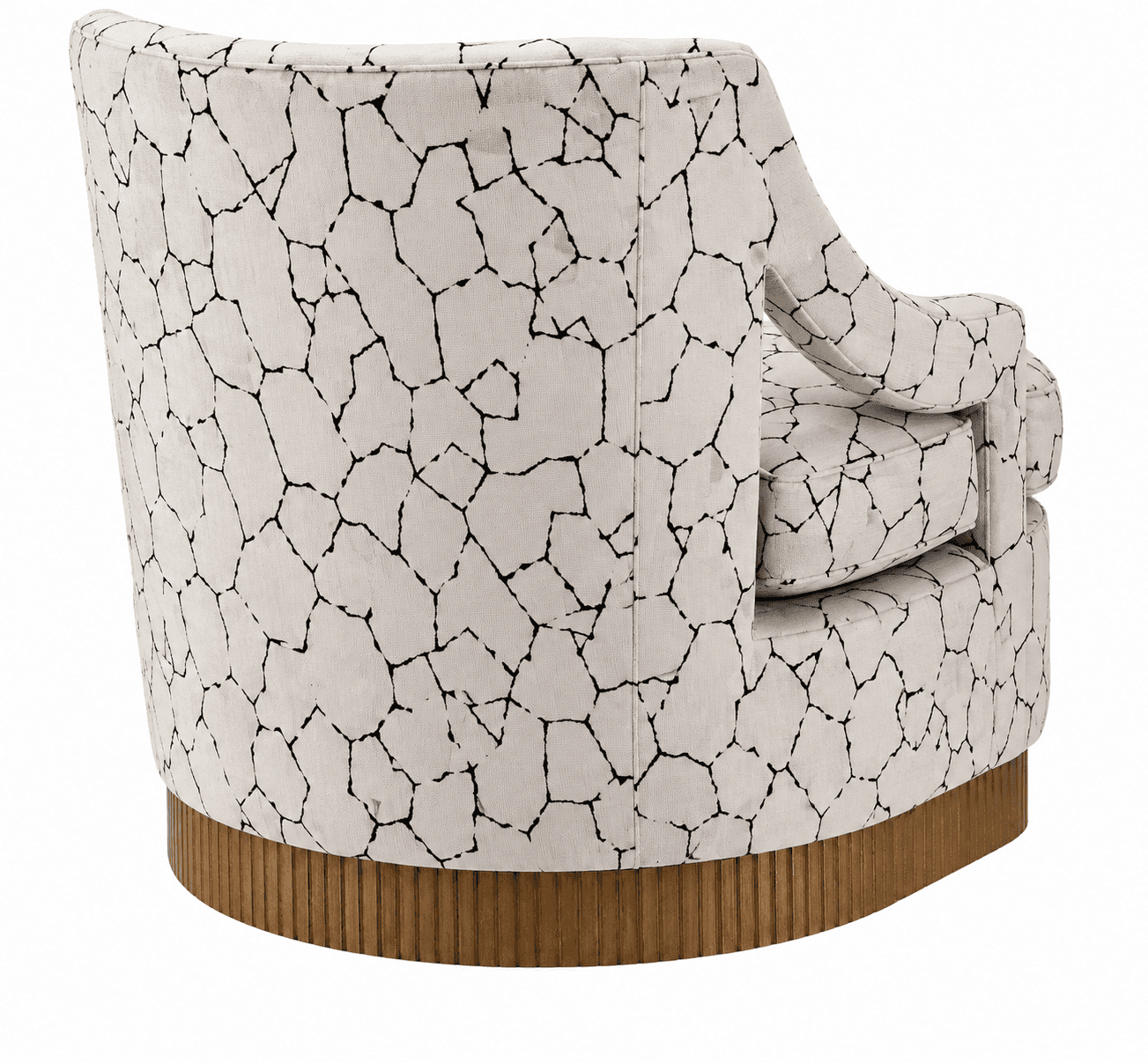 A modern upholstered barrel swivel chair featuring a distinctive black-on-white irregular geometric… — 3D model