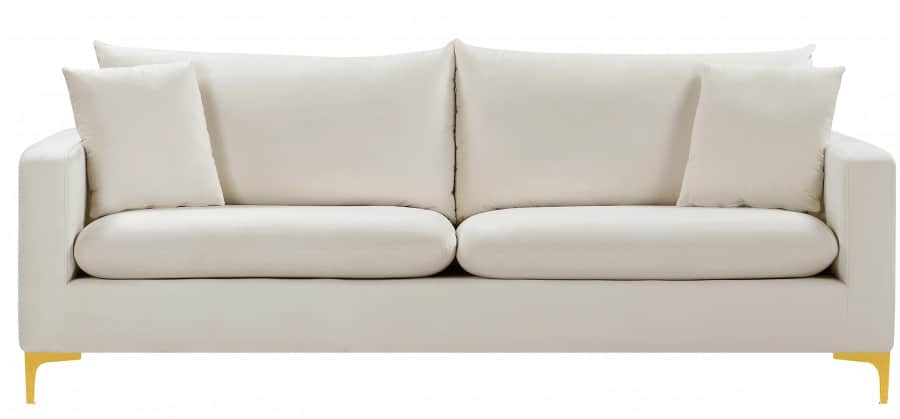 A modern sofa upholstered in a cream or off-white velvet-like fabric, featuring two plush seat cushi… — 3D model