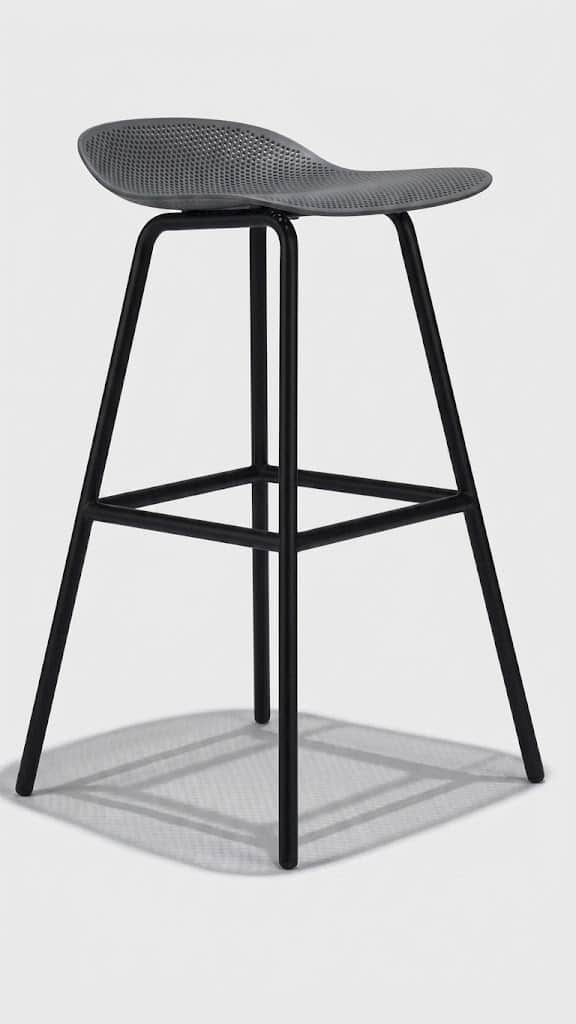 A modern bar stool featuring a perforated gray plastic seat and a black metal frame with an integrat… — 3D model
