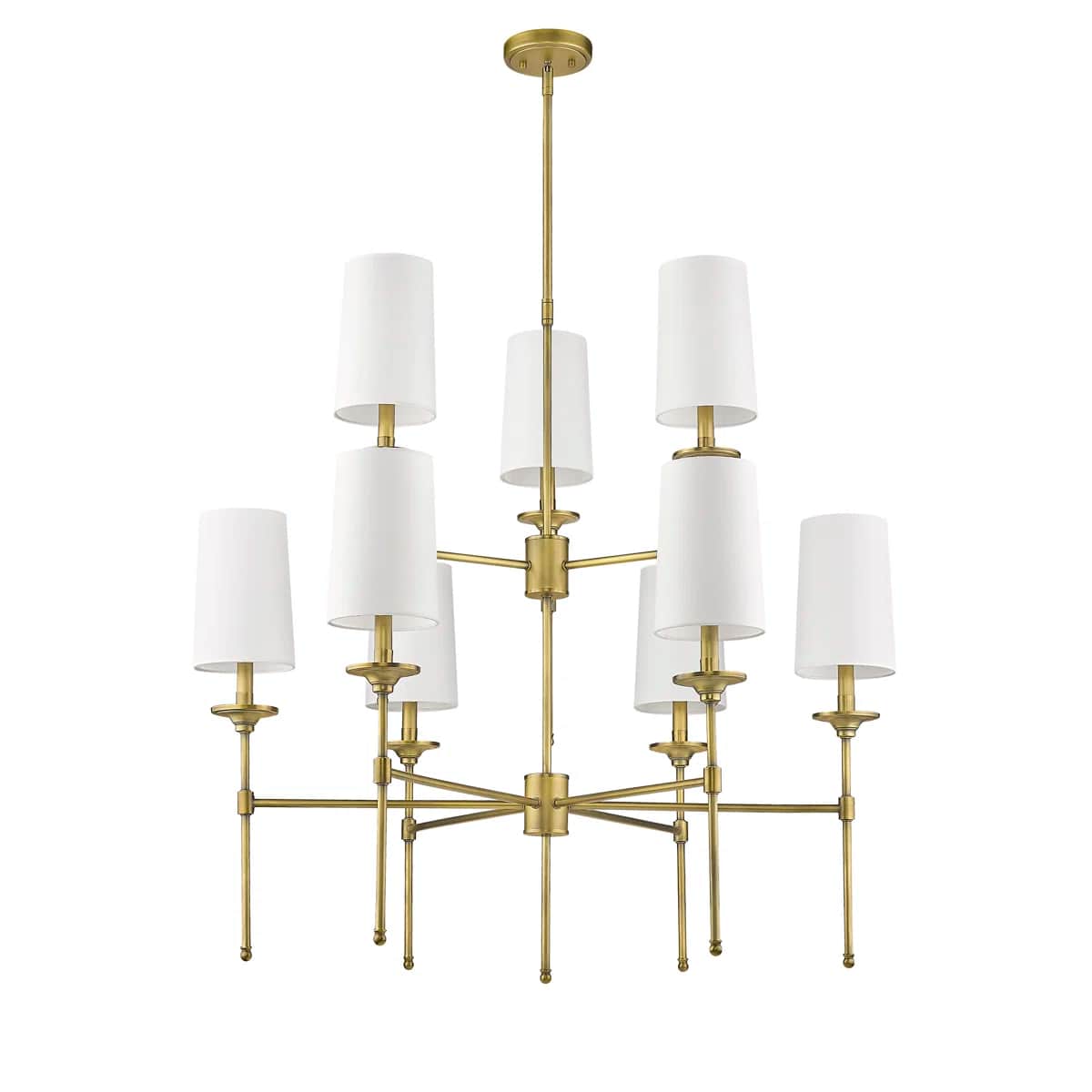 A multi-tiered chandelier featuring a satin brass finish and multiple white fabric drum shades. The… — 3D model