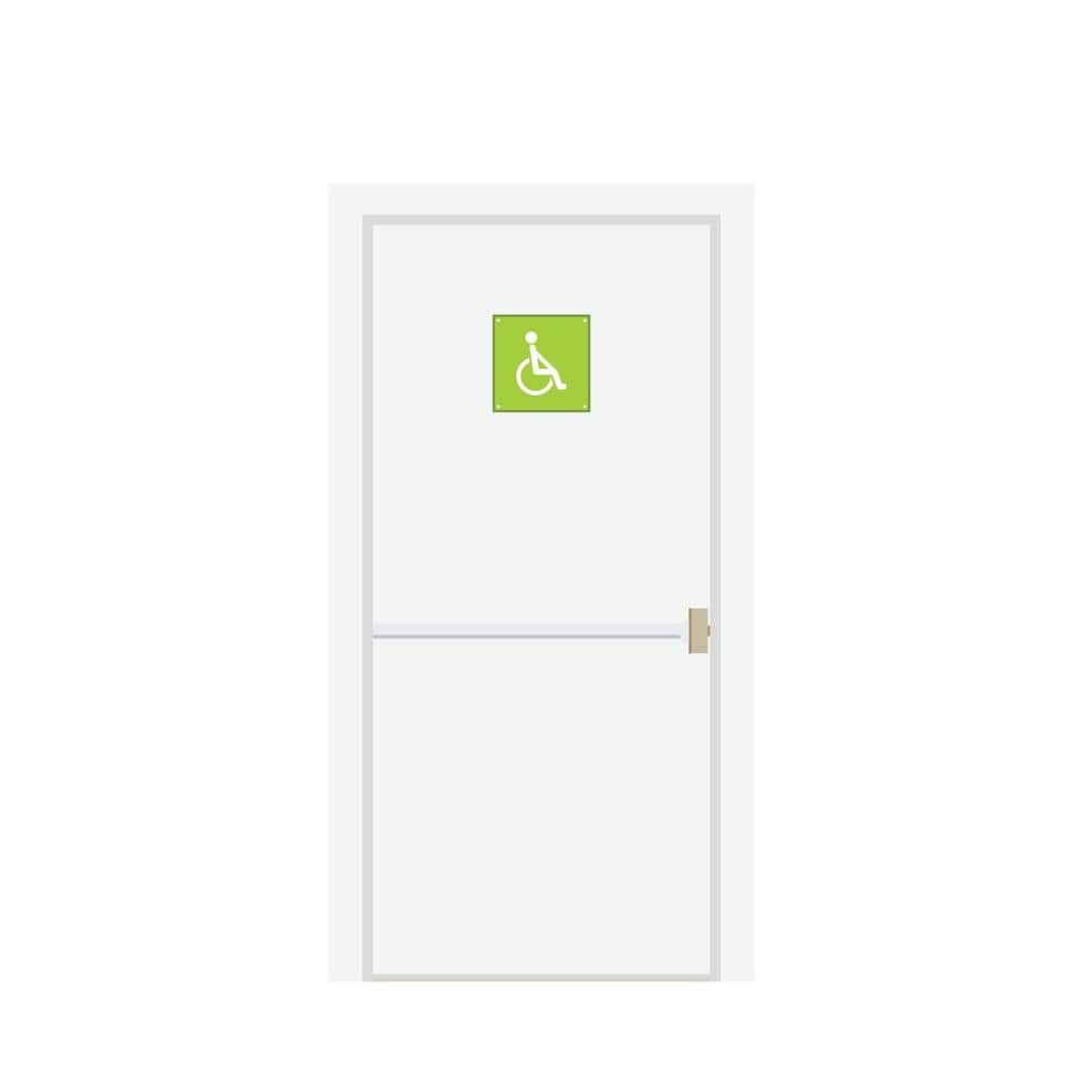 A 3D render of a simple white door featuring a silver horizontal push bar and a green square sign wi… — 3D model