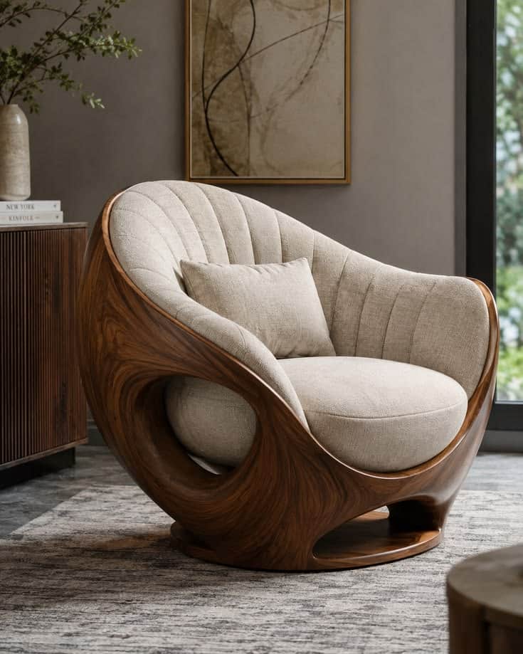 A modern lounge chair featuring a sculptural, curved dark wood frame with an open, flowing design. I… — free OBJ 3D model