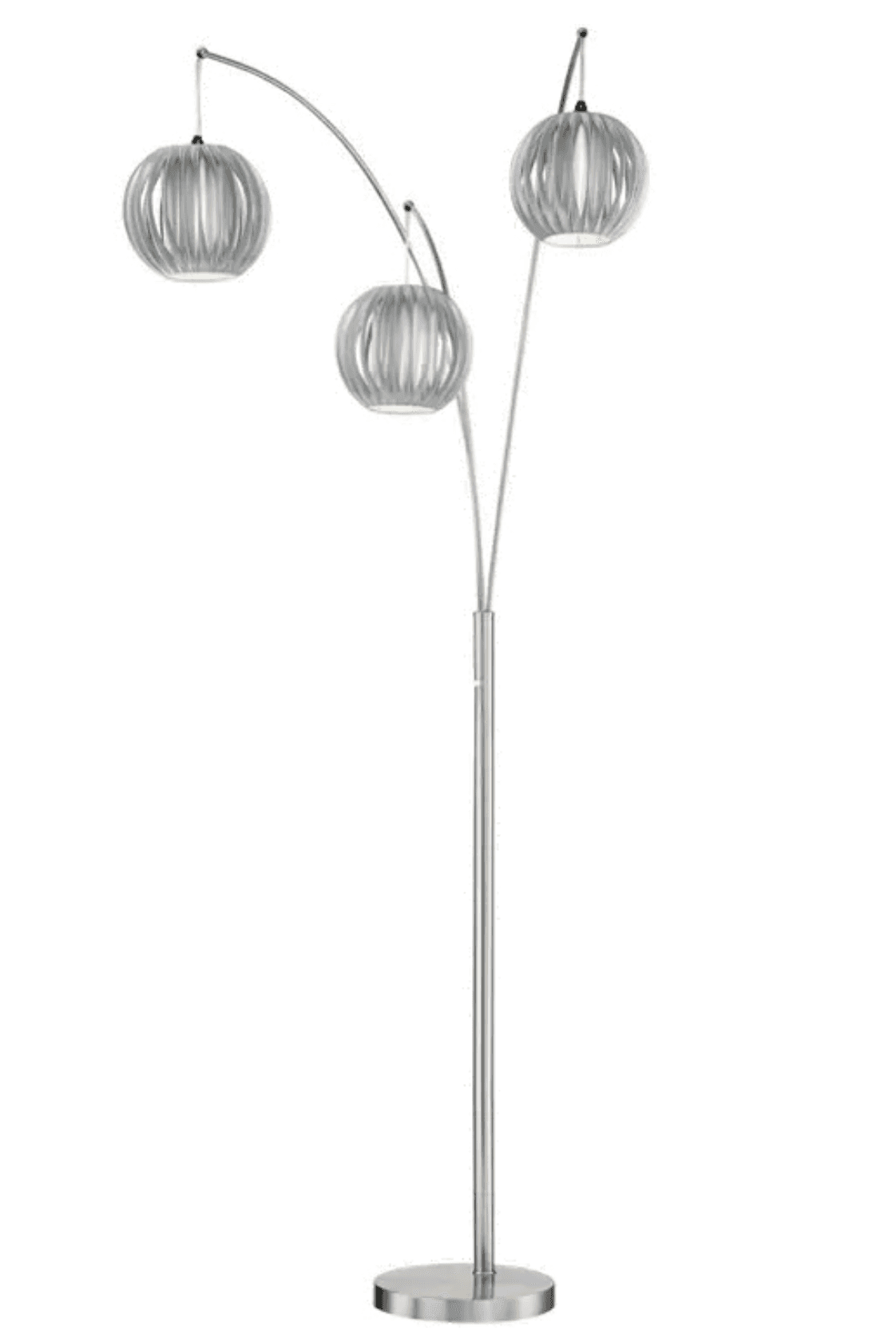 A contemporary floor lamp featuring a brushed metallic finish and three spherical, ribbed shades. It… — 3D model