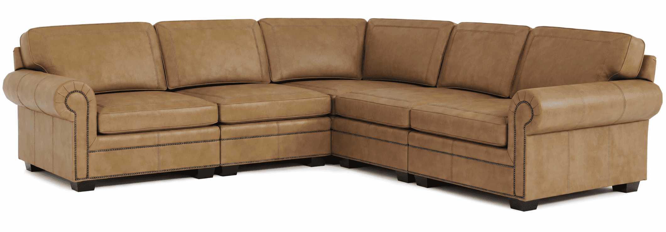 A modular corner sofa upholstered in tan leather. The sofa features a low back with plush cushions a… — 3D model