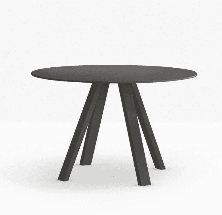 A round dining table with a dark grey matte finish. The tabletop is thin and appears to be solid. Th… — 3D model