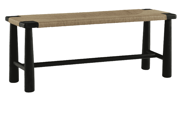 A rectangular bench featuring a woven natural fiber seat and a solid wooden frame with black finish,… — 3D model