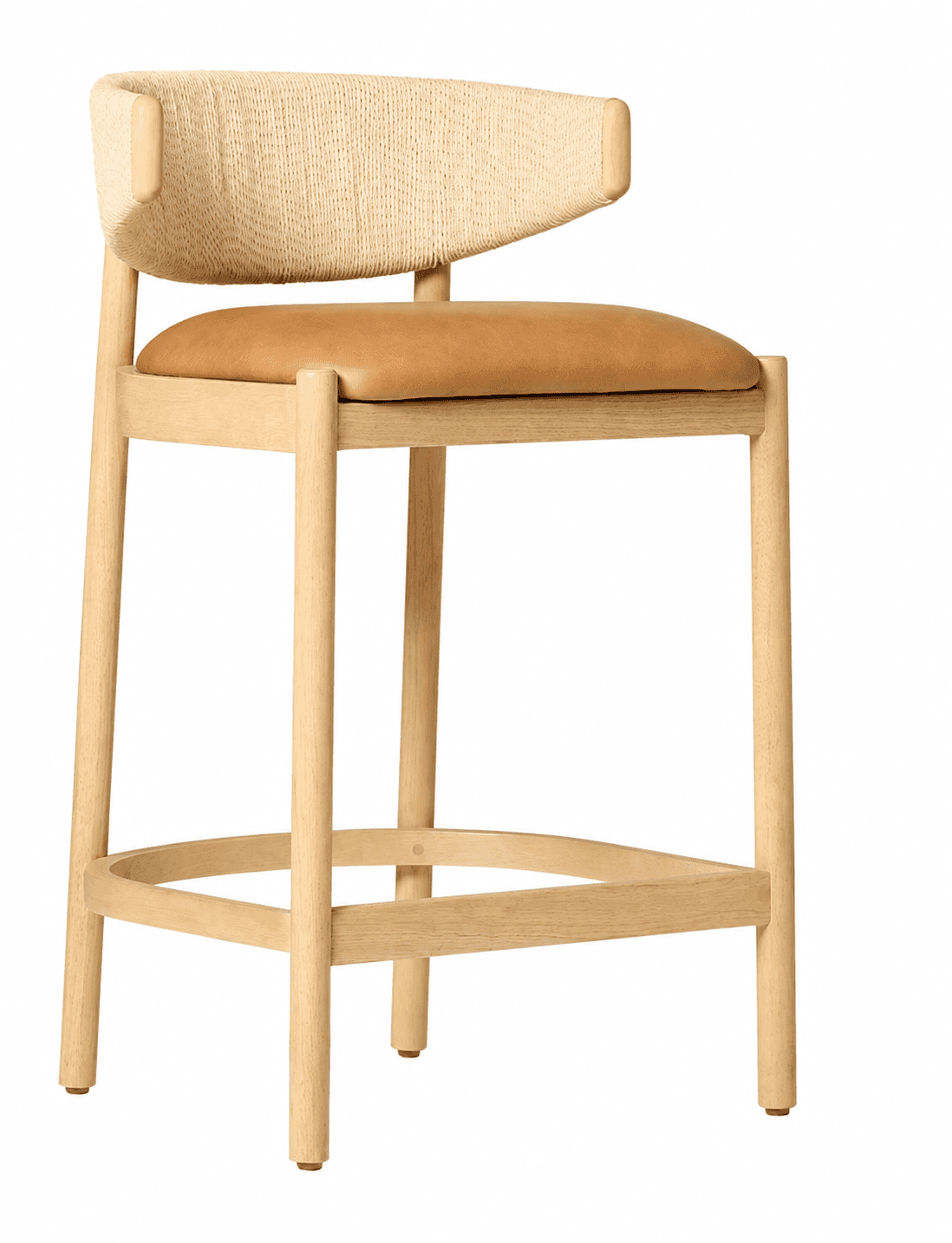 A contemporary counter-height bar stool featuring a light natural wood frame, a tan leather upholste… — 3D model