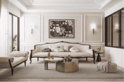 An elegant classical sofa with a curved backrest, exposed dark wooden frame, scroll arms, and cabrio… — 3D model