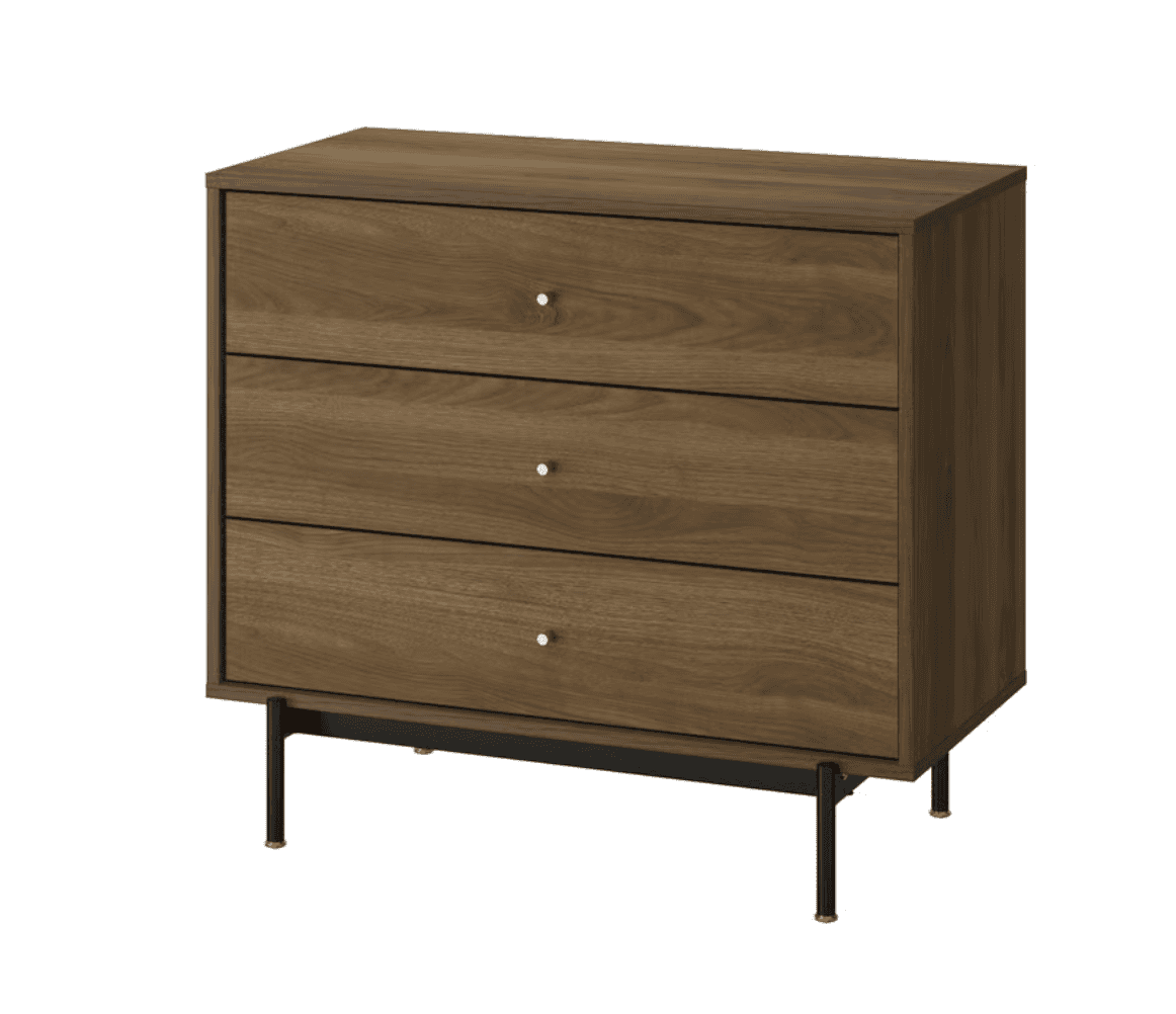 A modern three-drawer chest featuring a dark walnut-effect finish, gold-toned minimalist knob pulls,… — 3D model