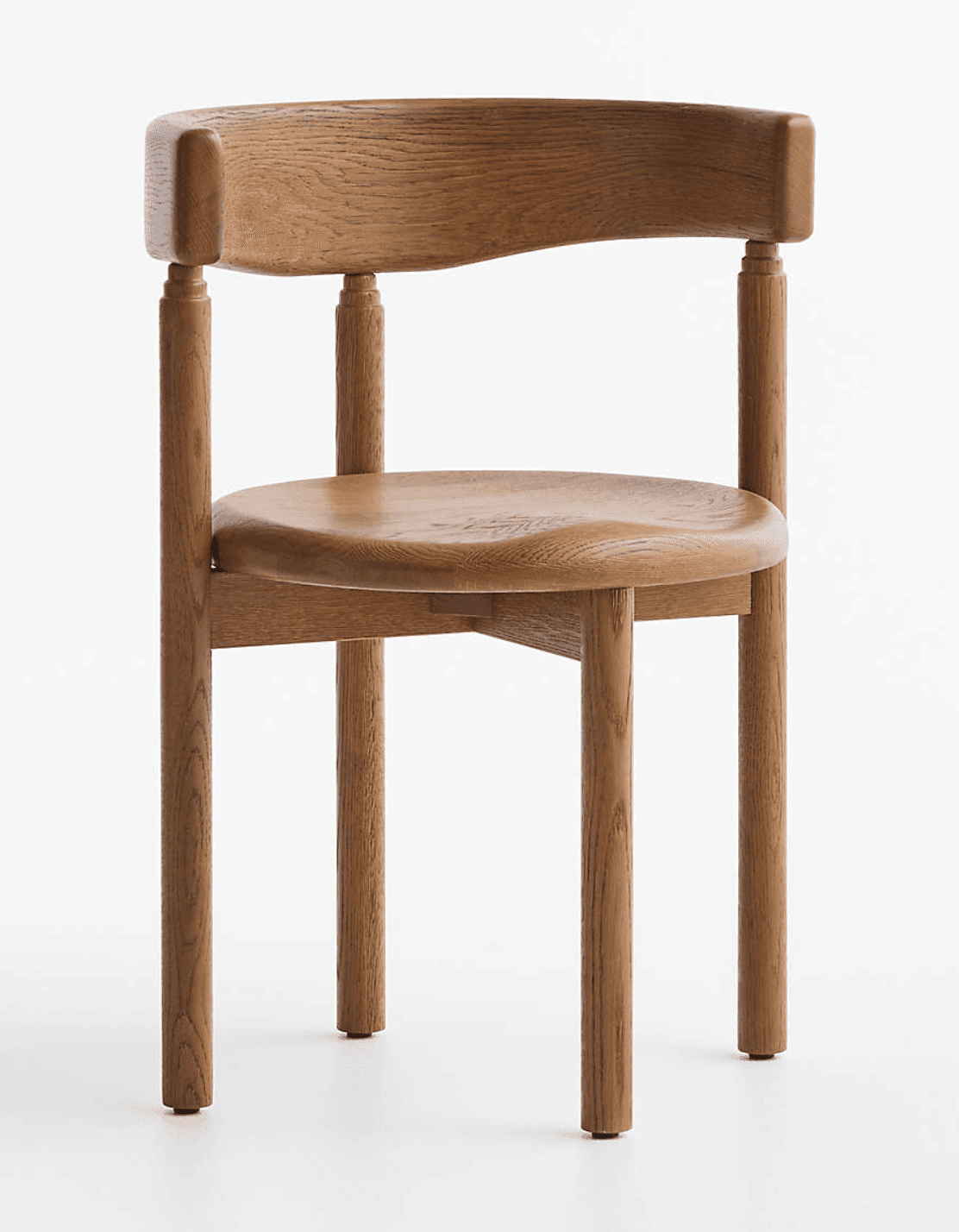 A modern dining chair constructed from light brown oak wood, featuring a gently curved backrest that… — 3D model