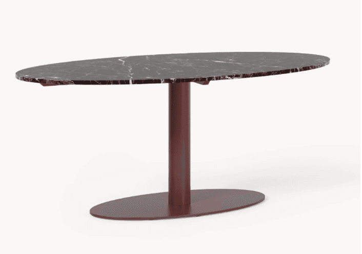 An oval-shaped side table featuring a dark, veined marble top supported by a single cylindrical pede… — 3D model
