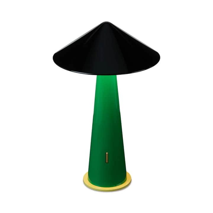 A table lamp with a conical, tapered base in bright green and a wide, inverted conical lampshade in… — 3D model