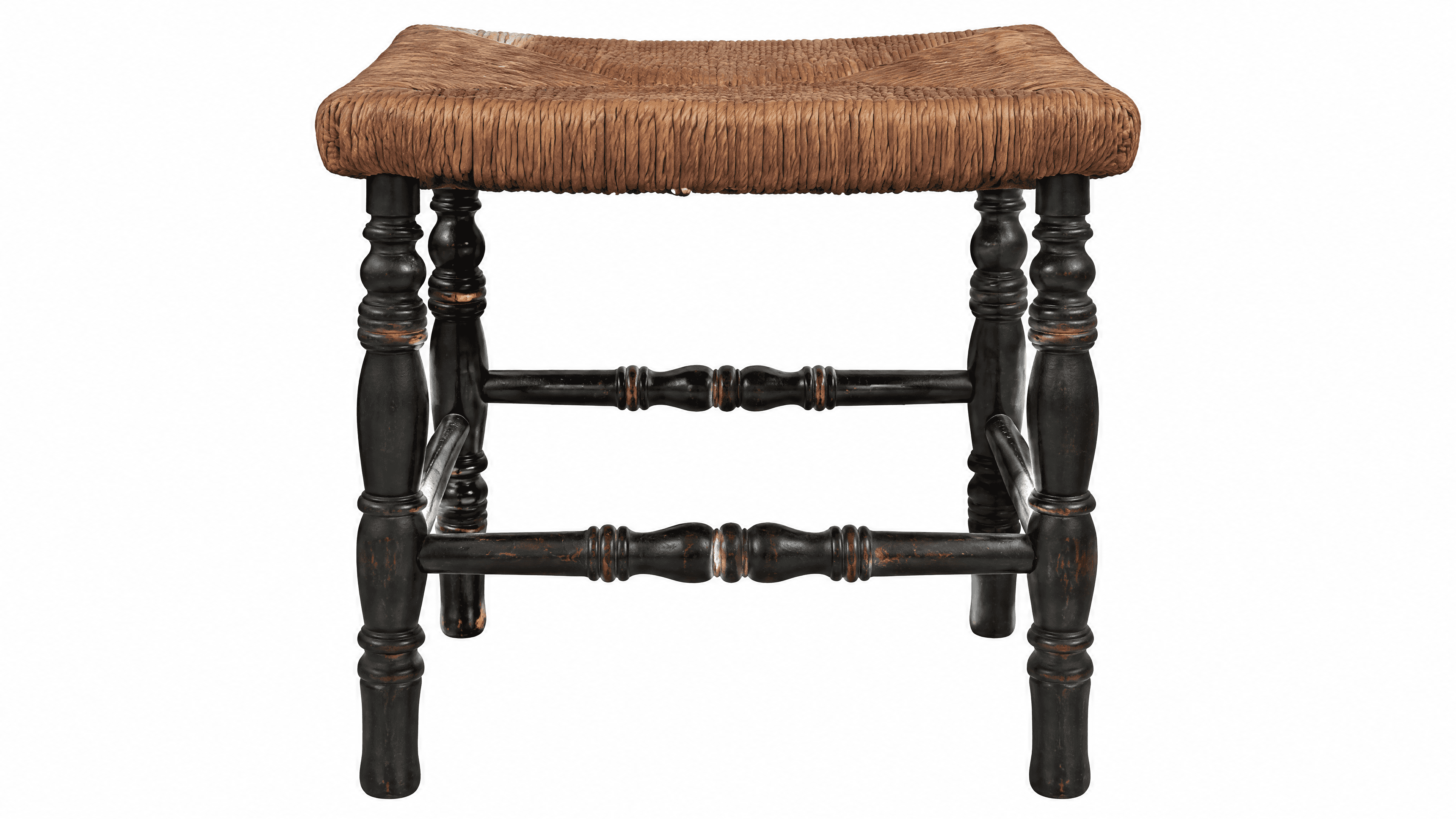 A rustic wooden stool featuring a square woven rush seat and four turned legs connected by turned H-… — 3D model